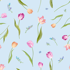 Floral Seamless Pattern with Watercolor Tulips. Spring Background with Blossom Flowers for Fabric, Wallpaper, Posters, Banners. Vector illustration