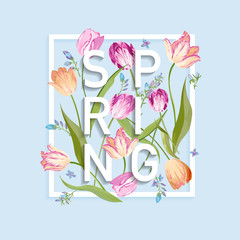 Floral Spring Design for Card, Sale Banner, Poster, T-shirt Print. Background with Flowers Blooming Tulips. Vector illustration