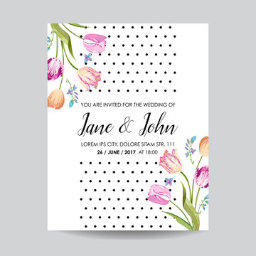 Save the Date Greeting Card with Blossom Tulips Flowers. Wedding Invitation, Anniversary Party, RSVP Floral Template. Vector illustration