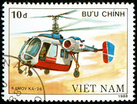 Ukraine - circa 2018: A postage stamp printed in Vietnam show Soviet multipurpose helicopter Kamov Ka - 26. Circa 1988.