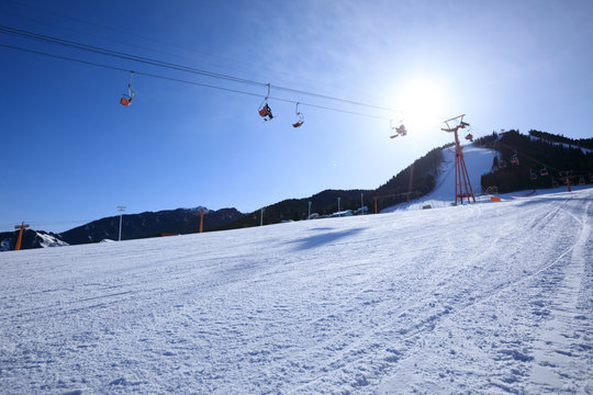 Mountains ski resort cable car in winter
