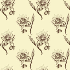 Seamless vector background. Dahlia is a flower and a bud. Flower motifs. Wallpaper. Use printed materials, decoupage maps, posters, postcards, packaging.