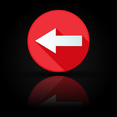Arrow icon. Red sign with reflection on black background. Left symbol