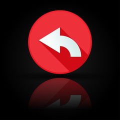 Arrow icon. Red sign with reflection on black background. Left symbol