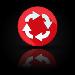 Arrows icon. Red sign with reflection on black background. Circular motion symbol