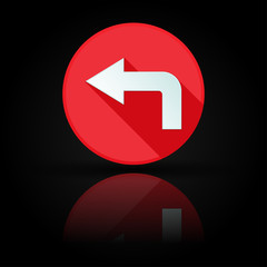 Arrow icon. Red sign with reflection on black background. Left symbol