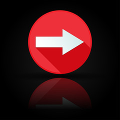 Arrow icon. Red sign with reflection on black background. Right symbol