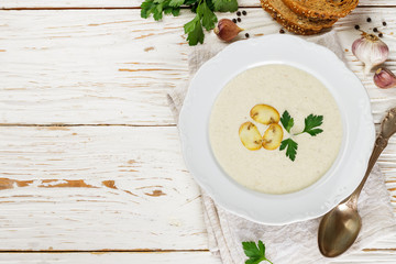Gourmet cream soup with mushrooms (champignons), parsley and croutons. copy space