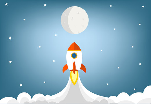 Flat design rocket launch flying to moon illustration -