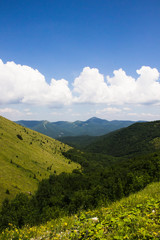 Naklejka premium Green slope of the mountain. Panorama view of the mountains.