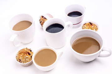 Breakfast Time Concept Different Coffee Mugs Muffins Cupcakes Above White Background Black Coffee Coffe with Milk