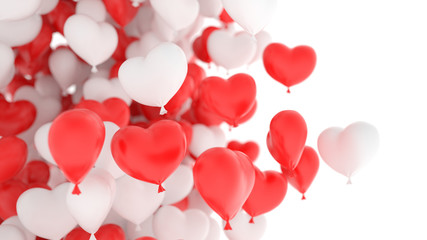 Red and white heart balloons over white background. Love, valentines day, romantic, wedding or birthday background