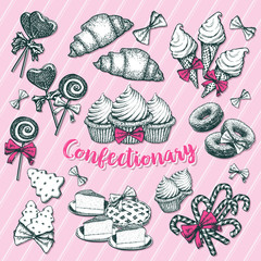 Confectionery banner with christmastide or new year candy stick or cane, ice cream in waffle cone, lollipop in form of heart and cookie as fir tree, donut or doughnut. Bakery and pastry, sweets theme