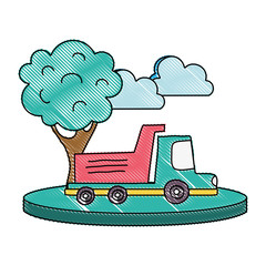 grated dump truck in the city with clouds and tree