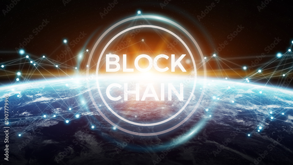 Poster blockchain on planet earth 3d rendering