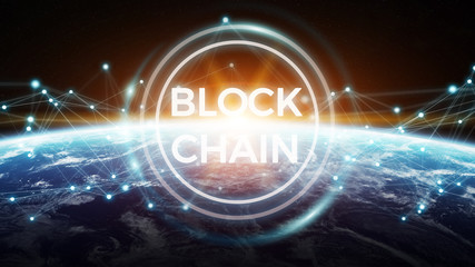 Blockchain on planet Earth 3D rendering