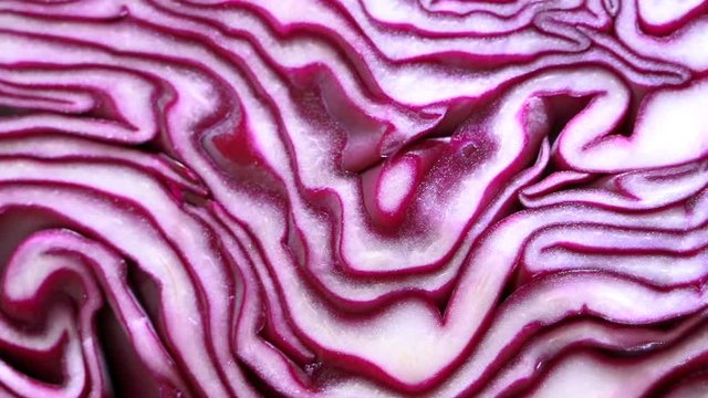 The texture of red cabbage closeup. Smooth camera motion. Cutting.