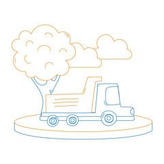 color line dump truck in the city with clouds and tree
