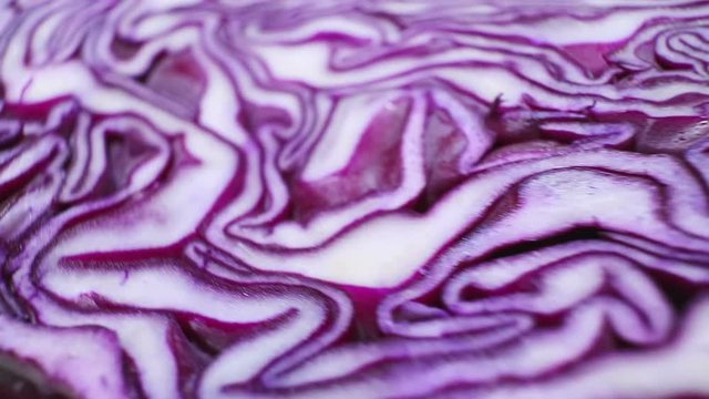 The texture of red cabbage closeup. Smooth camera motion. Cutting.