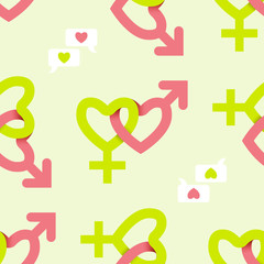 Gender love sign vector icon. Men and women concept with heart, seamless pattern