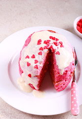 Red pancake stack with white chocolate topping