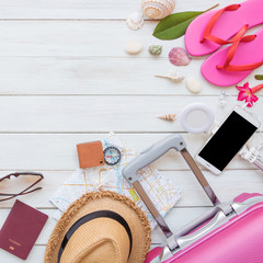 Overhead top view, flat lay, Men's accessories and essential travel items with space on white...