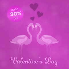 Valentine’s day - Sale. Flamingos in love and background with hearts. Text: Valentine’s Day - up to 30% off