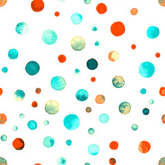 Watercolor confetti seamless pattern. Hand painted exceptional circles. Watercolor confetti circles. Cyan scattered circles pattern. 42.