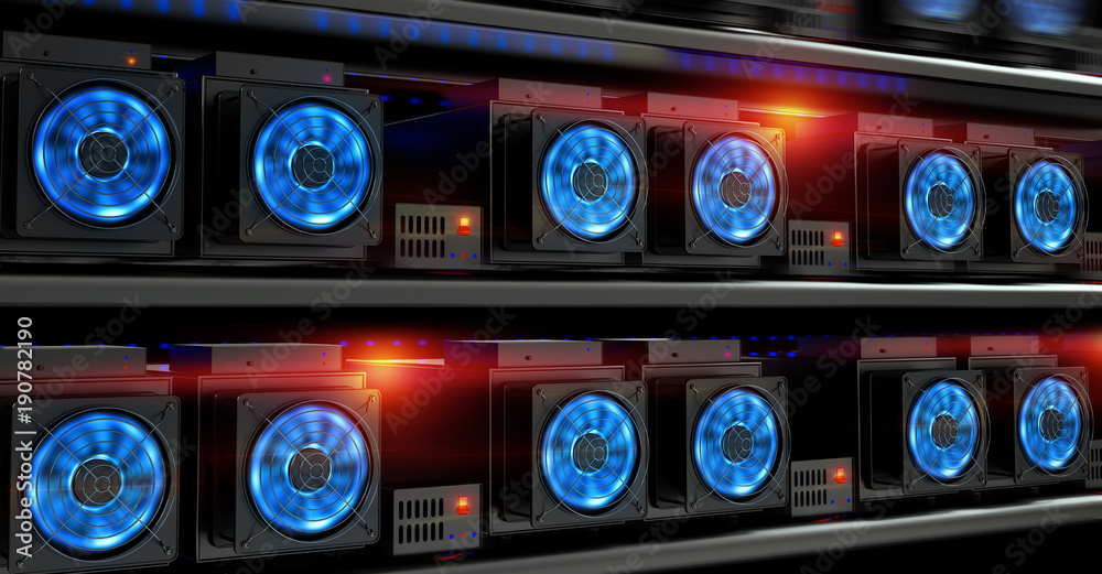 Aufkleber Cryptocurrency mining farm. 3d illustration of abstract cyberspace Blockchain on a dark background