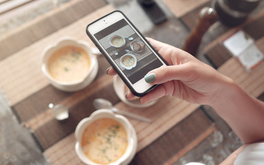Fototapeta na wymiar Food photo of soup on table for social networks