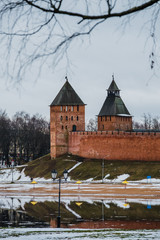 Velikiy Novgorod. Winter panorama of the Kremlin in Novgorod. Ancient Russian city.