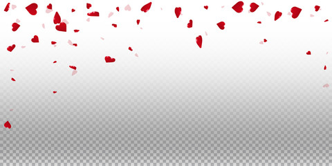3d hearts valentine background. Falling rain on transparent grid light background. 3d hearts valentines day favorable design. Vector illustration.