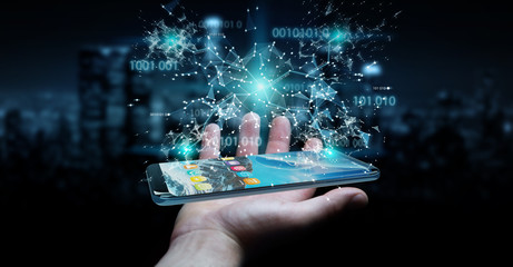 Businessman using digital binary code on mobile phone 3D rendering