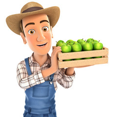 3d farmer holding crate of apples