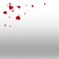 3d hearts valentine background. Top left corner on transparent grid light background. 3d hearts valentines day brilliant design. Vector illustration.