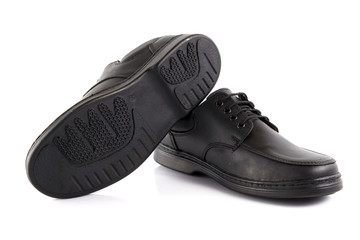 Male black leather elegant shoe on white background, isolated product, comfortable footwear.