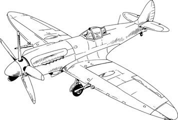 military fighter jet drawn in ink by hand in full growth on a white background