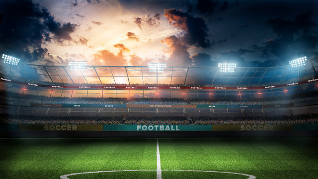 empty soccer stadium in light rays at night 3d illustration