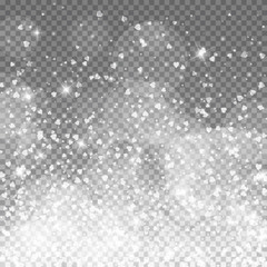 Falling hearts valentine background. Bottom gradient on transparent grid dark background. Falling hearts valentines day beauteous design. Vector illustration.