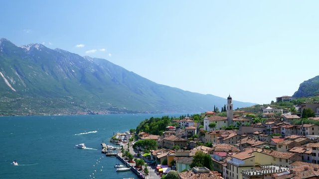 Aerial view of the Limone Sul Garda and Lago di Garda lake, Northern Italian.