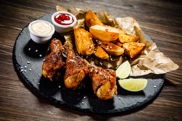 Grilled drumsticks with French fries wooden background