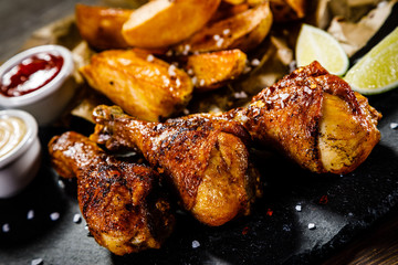 Grilled drumsticks with French fries wooden background