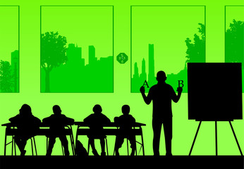 Elderly school teacher teaches letters to the students or offers them a choice silhouette, one in the series of similar images