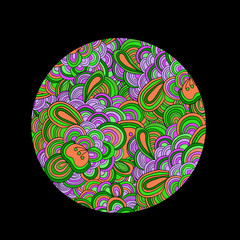 Colored pink and green round vector lines hand drawn pattern.