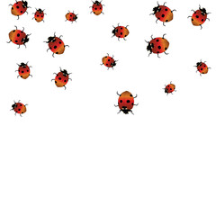 Delicate background with ladybugs. Trendy template for a postcard, stamp, banner or poster. Cute Ladybugs on a white background. Vector