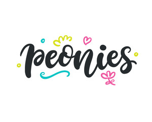 Fototapeta na wymiar Peonies logo. Spring modern calligraphy