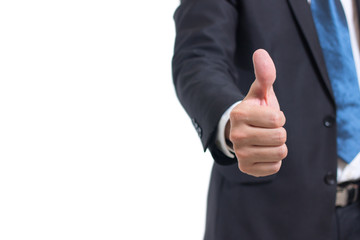 Closeup Midsection of businessman hand showing thumbs up sign against isolated on white background.