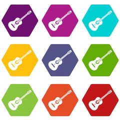 Guitar icon set color hexahedron
