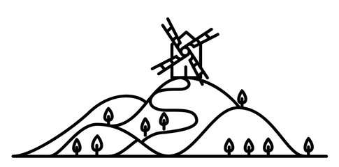 Flat line art hills and mill illustration © Black Spring