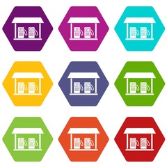 Gas station icon set color hexahedron